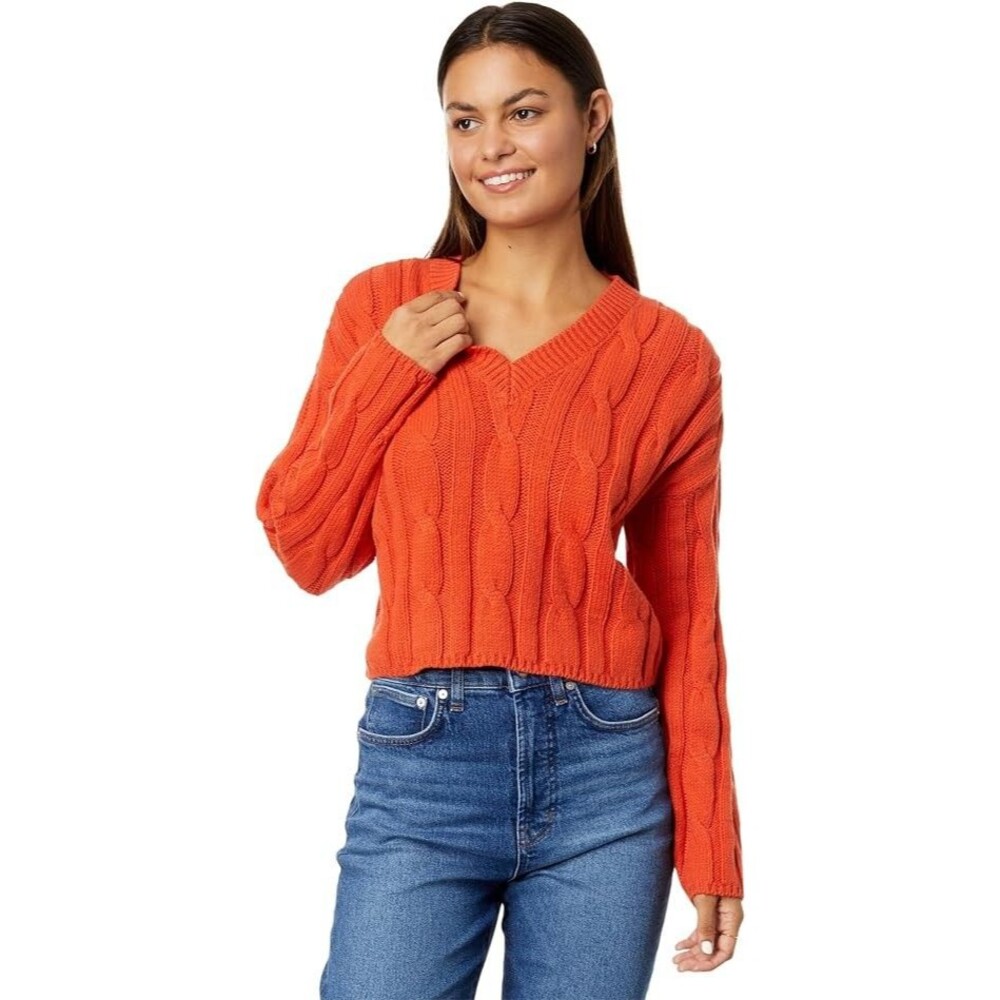 Madewell Cable Knit V Neck Crop Sweater Womens XL Roasted Squash Orange